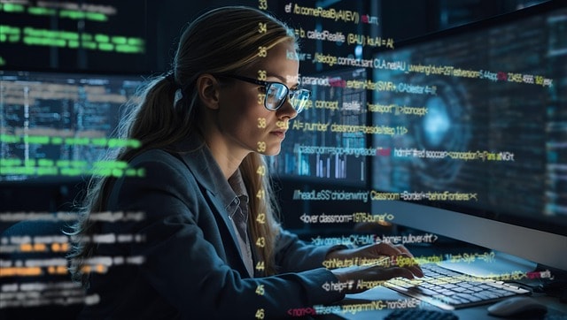 ai generated, programming, programmer, computer, computer scientist, workplace, code, systems analyst, consultant, advisor, it specialist, server, server room, hardware, data, woman