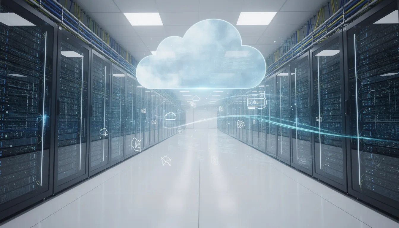 IT Solutions: Complete Guide to Technology Services for Business Success 2 The image depicts a modern data center filled with rows of servers and advanced cloud infrastructure, illustrating the backbone of IT solutions for businesses. This environment is essential for data security, cloud services, and effective management of digital assets, enabling companies to streamline operations and enhance efficiency.