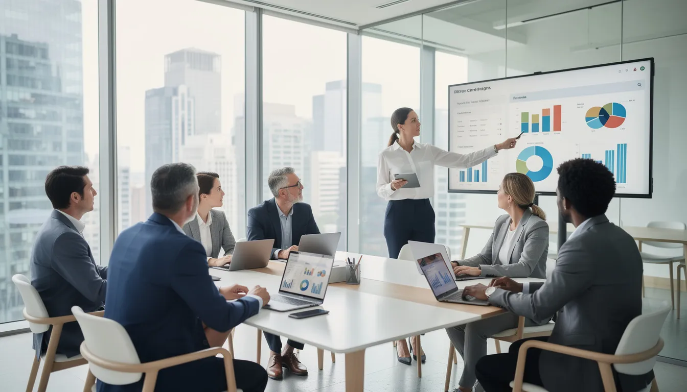 IT Solutions: Complete Guide to Technology Services for Business Success 1 A group of business professionals is collaborating in a contemporary office, utilizing modern technology such as laptops and digital devices to enhance efficiency and streamline operations. They are engaged in discussions about innovative solutions and project management strategies, reflecting the importance of effective IT solutions for business success.