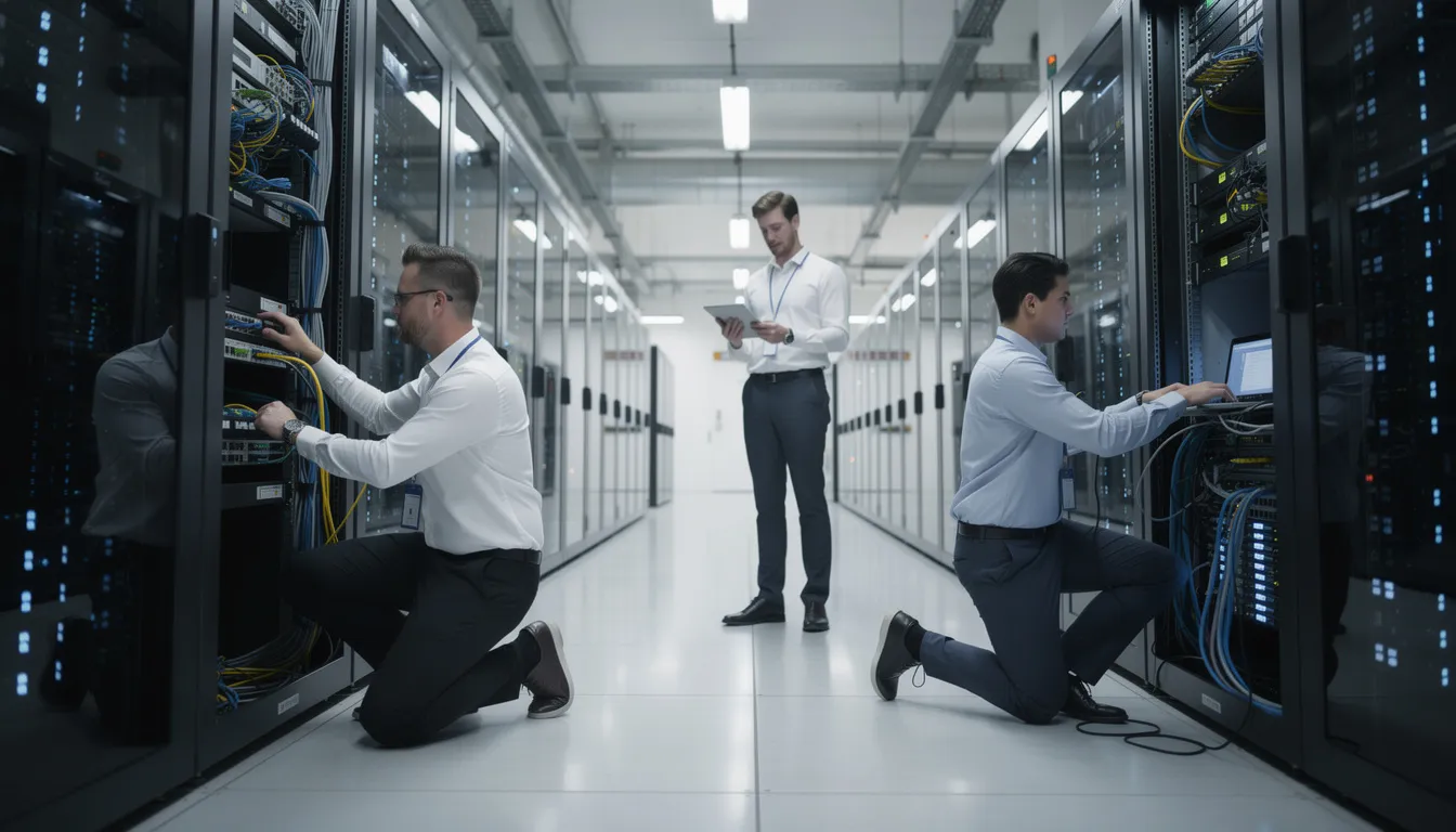 IT Solutions: Complete Guide to Technology Services for Business Success 5 In a modern data center, IT professionals collaborate on server deployment, showcasing their expertise in infrastructure management and cloud computing. The scene highlights their focus on data security and effective solutions to enhance business success while addressing cyber threats.