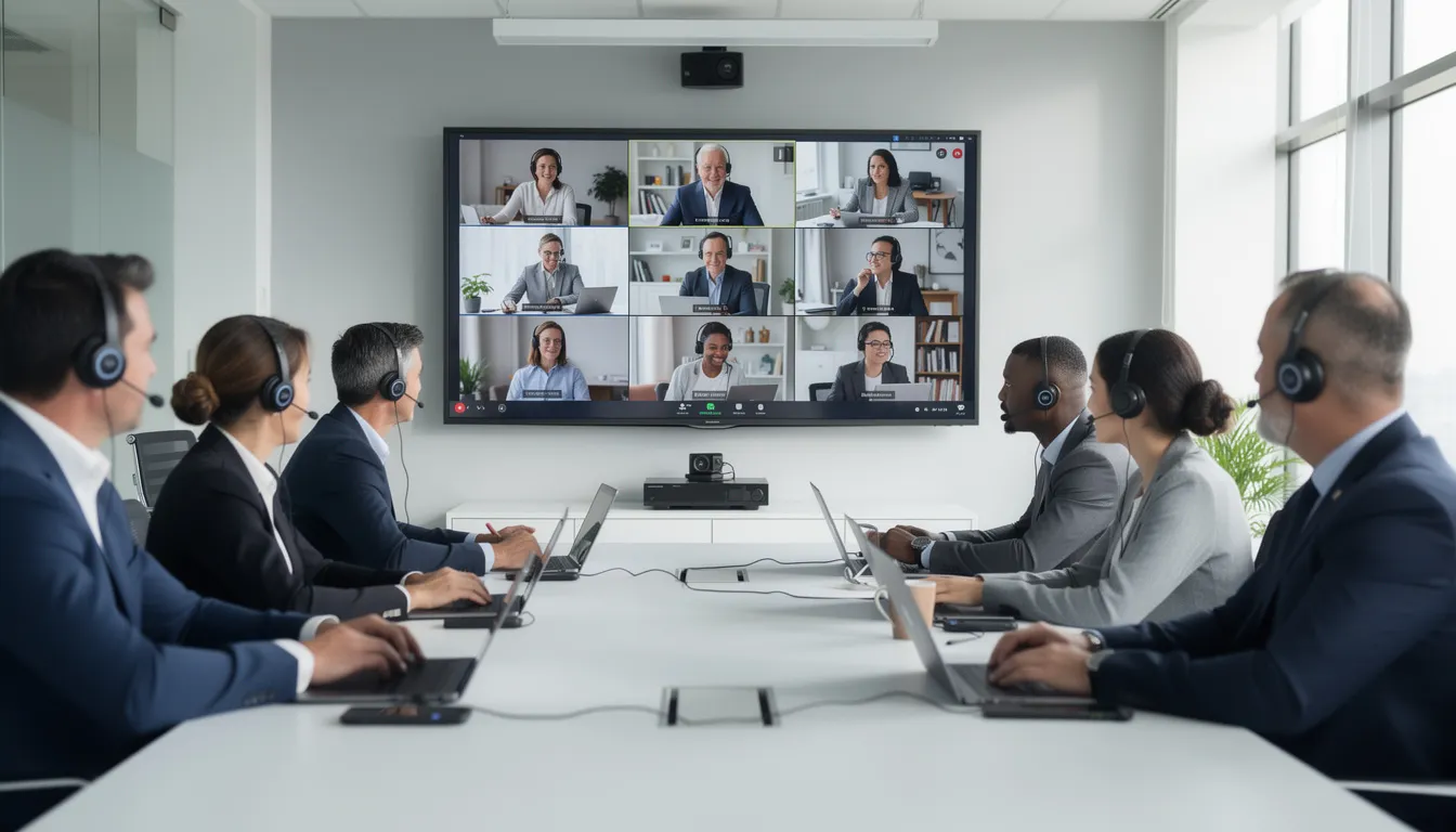 IT Solutions: Complete Guide to Technology Services for Business Success 3 A diverse team of professionals is engaged in a video conferencing session, utilizing advanced technology for effective remote collaboration. They are discussing strategies related to IT solutions and business growth, highlighting the importance of cloud services and data security in modern businesses.