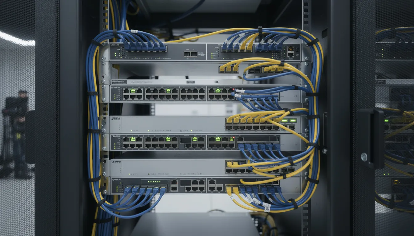 The image depicts a server cabinet filled with professional network equipment, including switches and routers, essential for managing IT infrastructure and supporting business needs. This setup highlights the importance of reliable network infrastructure and cyber security solutions in today's technology-driven environment.