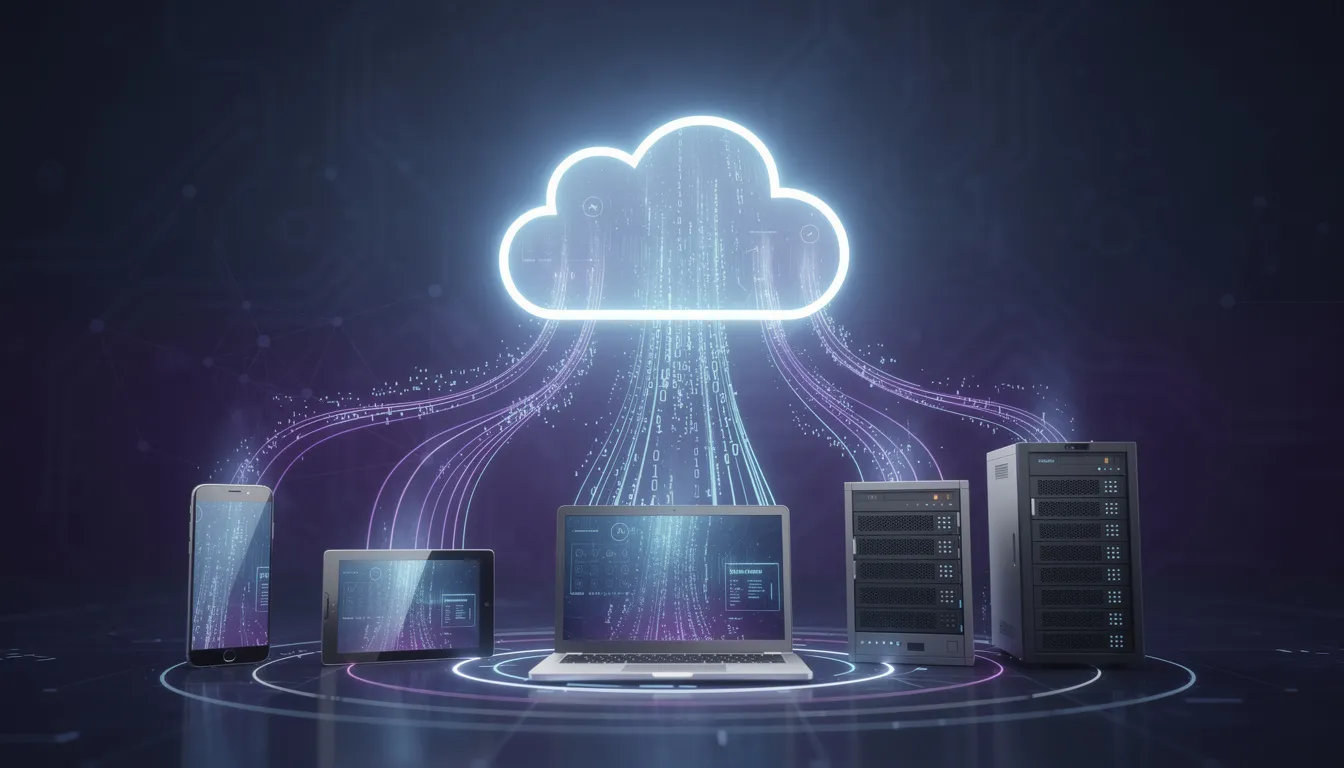 The image depicts a modern cloud computing concept, showcasing various connected devices with data seamlessly flowing towards a cloud symbol, representing the integration of IT services and cloud services for enhanced business productivity and security. This visual illustrates the importance of a reliable service provider in managing IT infrastructure and supporting business goals through cutting-edge solutions.
