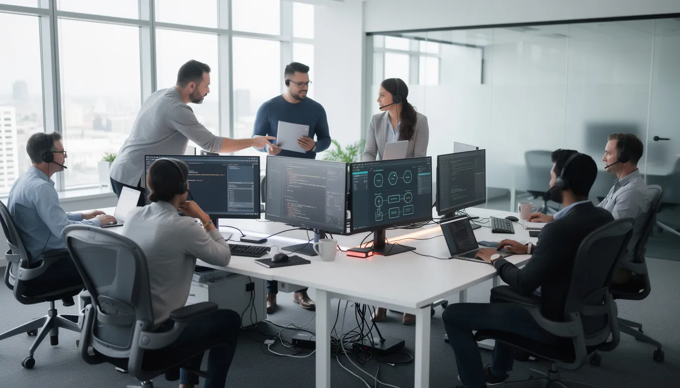 The image depicts a group of IT professionals collaborating in a modern office environment, surrounded by multiple monitors and advanced technology. They are engaged in discussions about IT services, focusing on cloud migration and cyber security solutions to support business needs and enhance productivity.