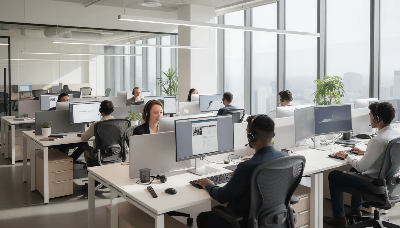 Phone System UK: Future-Proof VoIP & Cloud Telephony for Small Businesses 1 The image depicts a modern open-plan office where employees are seated at desks, wearing headsets and engaged with computer monitors. This environment reflects a dynamic workspace that likely utilizes advanced business phone systems and VoIP services for effective communication and collaboration.
