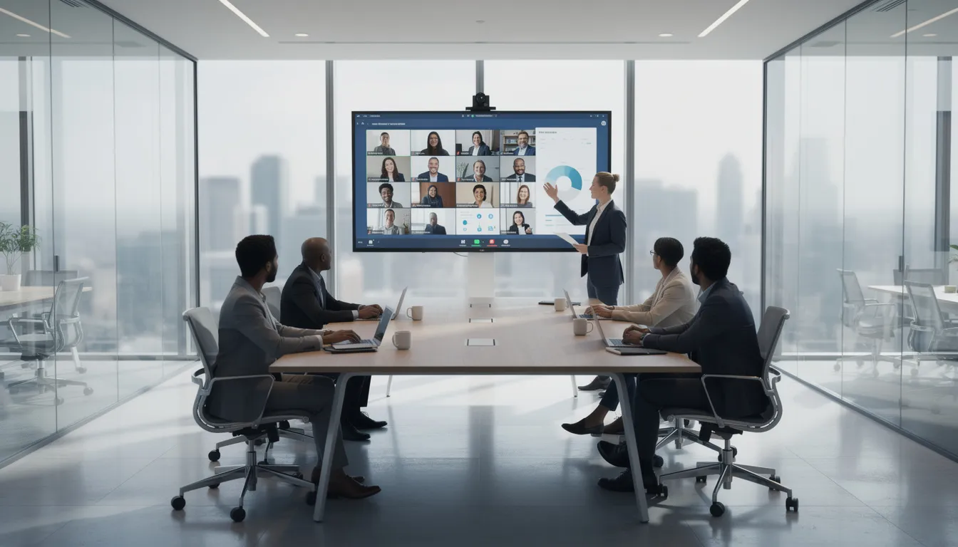 Phone System UK: Future-Proof VoIP & Cloud Telephony for Small Businesses 3 A diverse team is gathered in a modern office conference room, engaged in a video conferencing meeting with a large screen displaying their virtual connection. The setting highlights the use of advanced business phone systems, allowing for seamless communication and collaboration among team members.